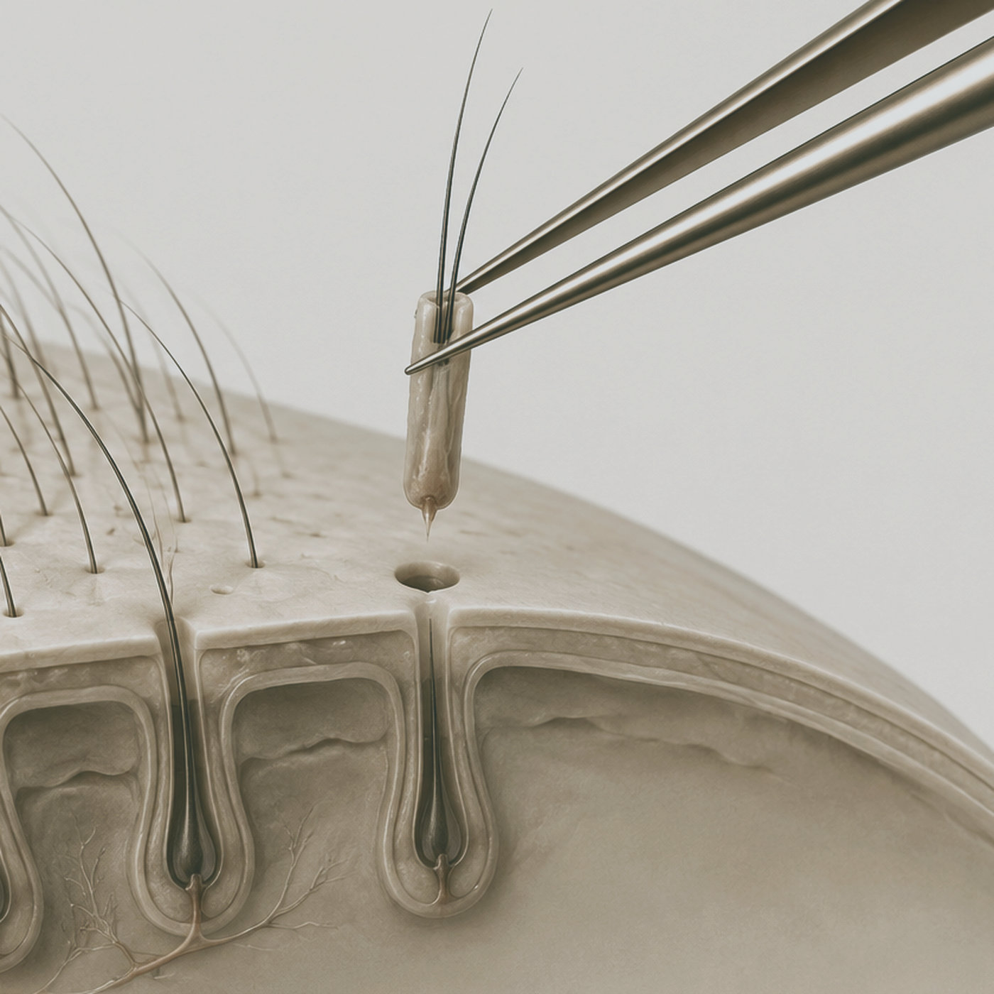 A graft held in forceps, above the recipient site about to receive it