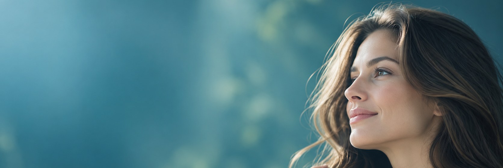 A woman in profile, with long, dense hair