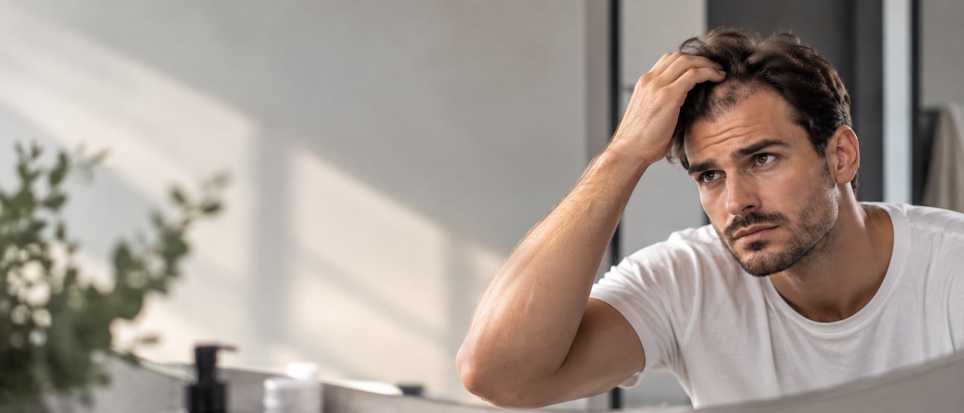 A man examining his scalp in a mirror
