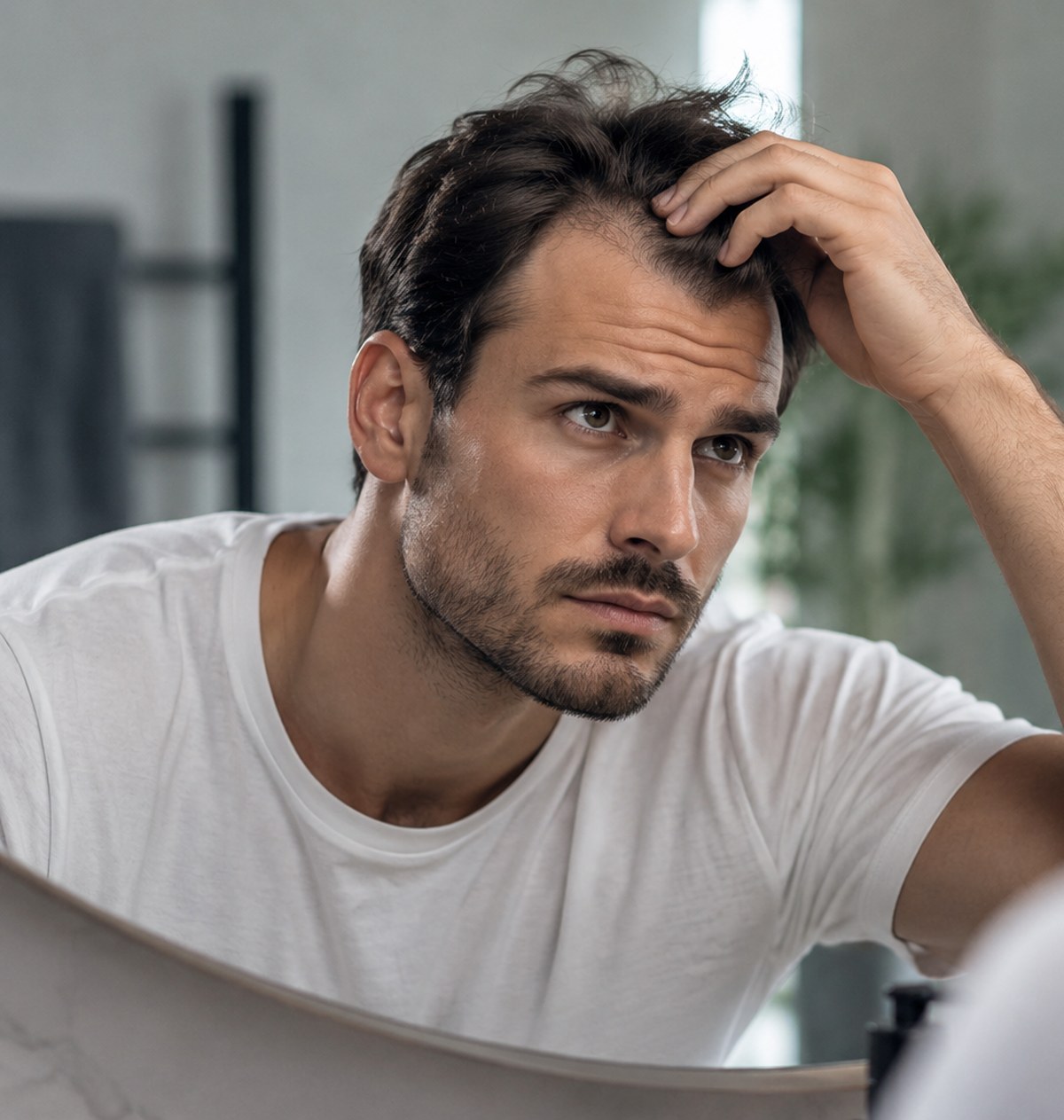 A man looking at his hairline in a mirror